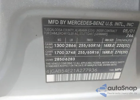 2001 Mercedes-Benz Ml 320 из США, поврежденный, VIN 4JGAB54E21A277936